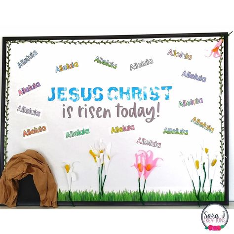 @sarajcreations posted to Instagram: One of the awesome things about the Catholic Church is that we celebrate seasons and not just one day. So we are still celebrating Easter until Pentecost (June 5th this year.) That means that you can hang this bulletin board up now and leave it up until June and still be seasonally appropriate!! The link to this bulletin board set is in my profile. I've included all the letters (plus other styles and sizes), directions for making handprint lilies and the emp Handprint Lilies, Ideas For Bulletin Boards, Jesus Christ Is Risen, Easter Learning Activities, Catholic Bulletin Boards, Easter Bulletin Board, Letters To Print, Easter Bulletin Boards, Church Bulletin Boards