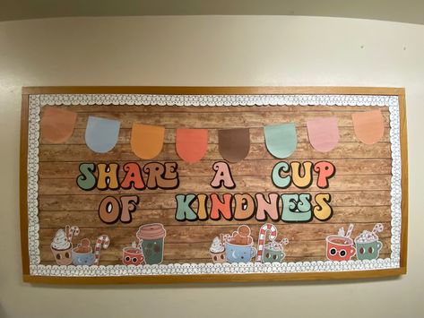 Share A Cup Of Kindness, Cup Of Kindness Bulletin Boards, Coffee Bulletin Board Ideas, Coffee Bulletin Board, Hope Squad, Kindness Classroom, Cup Of Kindness, Superhero Class, Kindness Bulletin Board