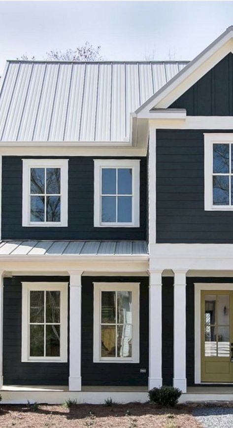 Navy House With Metal Roof, Navy Blue And White Exterior House, Navy Board And Batten Exterior, Navy Siding Exterior, Navy Blue House Exterior, Brownstone Exterior, Navy House Exterior, Coastal House Exterior, Navy Blue Houses