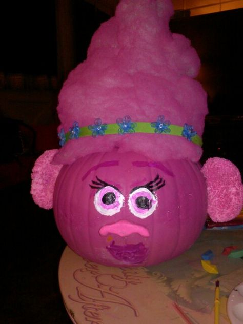 Poppy Troll Pumpkin that my daughter made and won 1st place at school! #halloween #Trolls #troll #Poppy #dreamworktrolls Princess Poppy Pumpkin, Poppy Pumpkin, Face Pumpkin Carving, Happy Pumpkin Faces, Halloween Carving, Black Pumpkins, Creative Pumpkin Decorating, Pumpkin Contest, Pumpkin Decorations