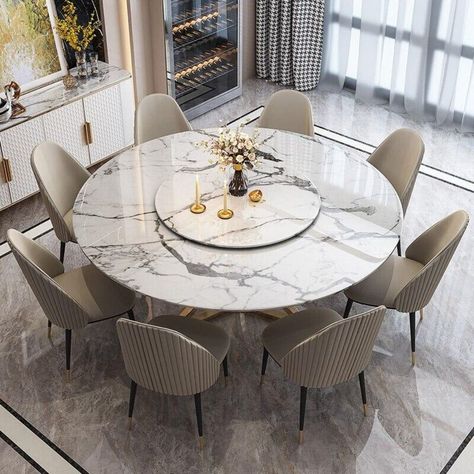 Glam Dining Chairs, Dining Room Glam, Contemporary Round Dining Table, Leather Table, Round Marble Dining Table, Table 8, White Chairs, Leather Side Chair, Stone Dining Table