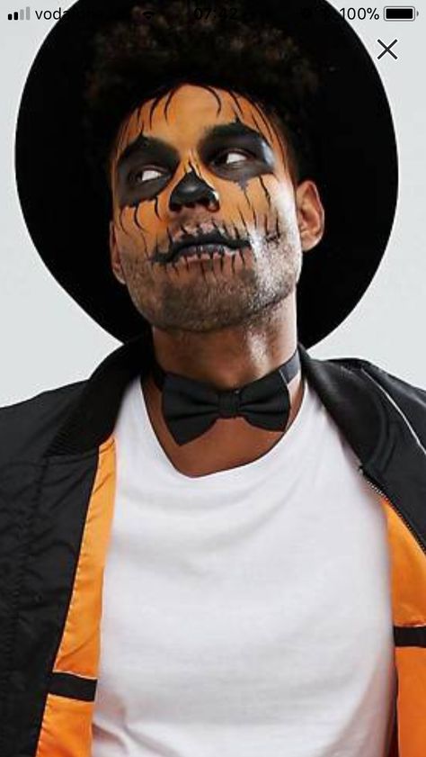 Pumpkin Halloween makeup Halloween Makeup On Men, Scare Crow Makeup For Men, Pumpkin Face Makeup Men, Men Pumpkin Makeup, Scary Pumpkin Makeup Men, Easy Scarecrow Makeup For Men, Scarecrow Face Paint Men, Guy Scarecrow Makeup, Men Scarecrow Makeup