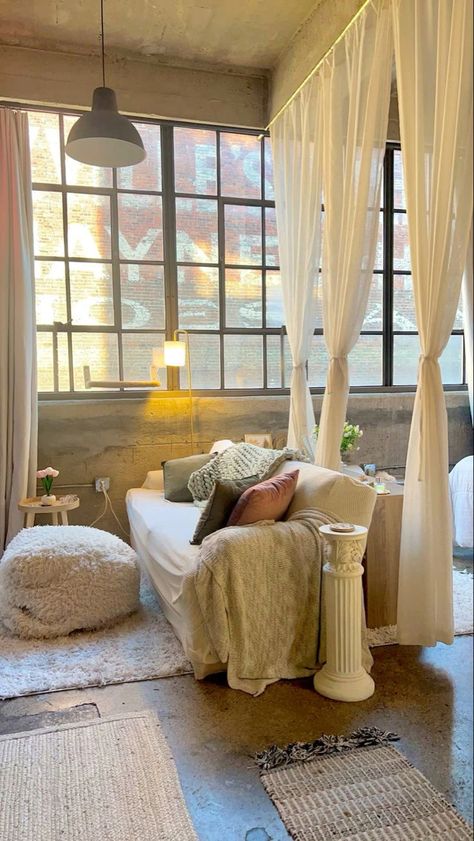 Studio Bedroom Decor Ideas, Closet For Studio Apartment, San Francisco Studio Apartment, Seattle Studio Apartment, Studio Apartment Privacy Ideas, Studio Apartment Vibes, Studio Apartment Curtain Divider, Dream Studio Apartment, Beds For Studio Apartments