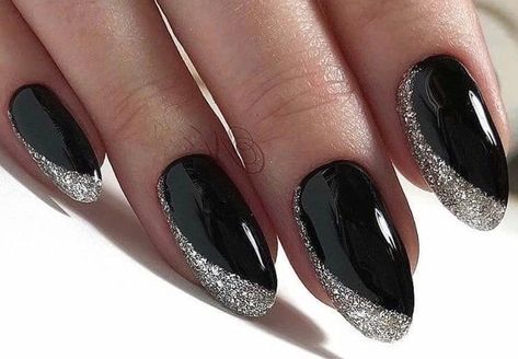 Black And White Bridal Nails, Nails Black Almond, Black Almond Nails Designs, Black Sparkle Nails, Black Prom Nails, Black Silver Nails, Sparkly Acrylic Nails, Silver Acrylic Nails, Nail Nail Designs