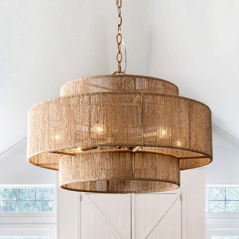 Bohemian Brown Hemp Rope Tiered Drum Chandelier Light - 23.62 "W x 15.16"H - Bed Bath & Beyond - 40180364 Tier Chandelier, Dining Room Light Fixtures, Farmhouse Chandelier, Drum Chandelier, Hemp Rope, Gold Chandelier, Jute Rope, Lighting Store, Led Chandelier