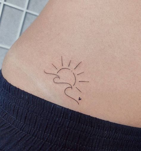 Ocean And Sun Tattoo Small, Wave To Sun Tattoo, Beach Tattoo Linework, Sun Wave Flower Tattoo, Sunset With Waves Tattoo, Sunshine And Wave Tattoo, Sun Over Waves Tattoo, Sun Sea Tattoo Small, Sunshine Wave Tattoo