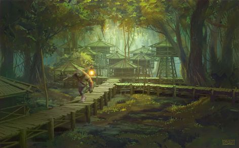 ArtStation - Swamp village, Davide Corsi Swamp Fantasy Village, Dnd Swamp Village, Swamp Village Concept Art, Fantasy Swamp City, Swamp Village Fantasy Art, Swamp Monster Art, Swamp Concept Art, Swamp Castle, Swamp Hut