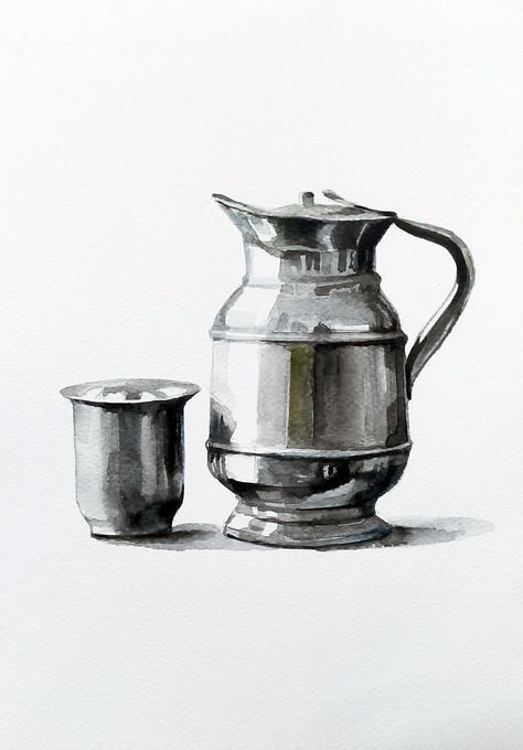 Watercolour Object Painting, Still Life In Watercolor, Jug Drawing, Watercolour Still Life Painting, Still Life Watercolor Paintings, Still Life Painting Watercolor, Still Life Pencil Shading, Watercolour Still Life, Still Life Sketch