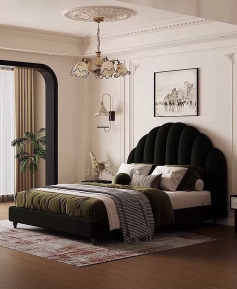 Black Velvet Bed, Colorful Room, Black Bed, Black Headboard, Velvet Bed, Black Bedding, Headboards, Bedroom Inspo, Room Colors