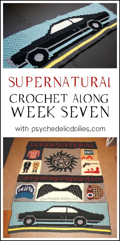 It’s week 7 of our Supernatural Crochet along and this is the LAST piece of the blanket! Find all the details about the CAL on Ravelry here. And find The Road So Far updates of our progress and previously released panels here. Supernatural Crochet Along Week 7 We saved the best (and biggest for last). OBVIOUSLY, we … Supernatural Crochet, Supernatural Blanket, Supernatural Crafts, Crochet Geek, Crochet For Beginners Blanket, Crochet Blanket Designs, C2c Crochet, Crochet Circles, Manta Crochet