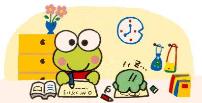 busy studying Sanrio Studying, Keroppi Banner, Sanrio Keroppi, Kitty Pictures, School Icon, Bright Wallpaper, Hee Hee, Frog Design, Background Ideas