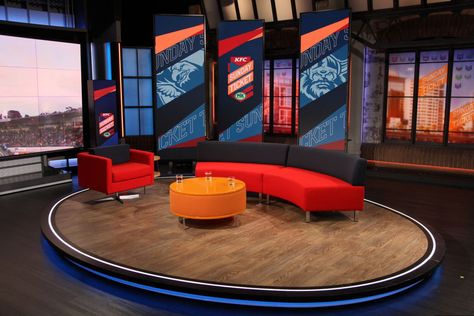 Fox Sports Australia Studio A Set Design Gallery Modern Tv Set Design, Sports Set Design, Sport Tv Studio Set Design Ideas, Sport Studio Design, Tv Studio Set Design Ideas, Talkshow Set Design, Tv Show Set Design, Tv Studio Set Design, Tv Studio Design