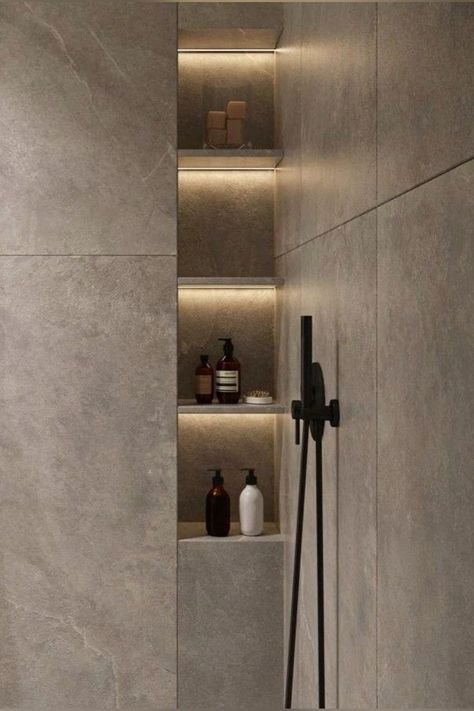 Niche Lighting Ideas, Wall Niche Ideas, Niche Modern, Small Shower Room, Bathroom Niche, Loft Bathroom, Washroom Design, Wall Niche, Shower Niche