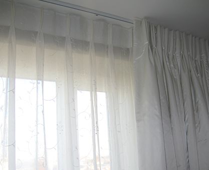 Lined and interlined curtains on ceiling mounted tracks ensure privacy and bedroom blackout Curtains On Ceiling, Ceiling Mounted Curtain Track, Ceiling Mounted Curtains, Ceiling Curtain Track, Curtain Room Divider, Sliding Curtains, Door Coverings, Ceiling Curtains, Drapery Designs