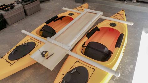 Build a catamaran with two kayaks. Kayak Catamaran, Kayak Outriggers, Kayak Fishing Tips, Kayak Storage Rack, Kayak Trailer, Kayaking Tips, Kayak Storage, Kayaking Gear, Kayak Camping