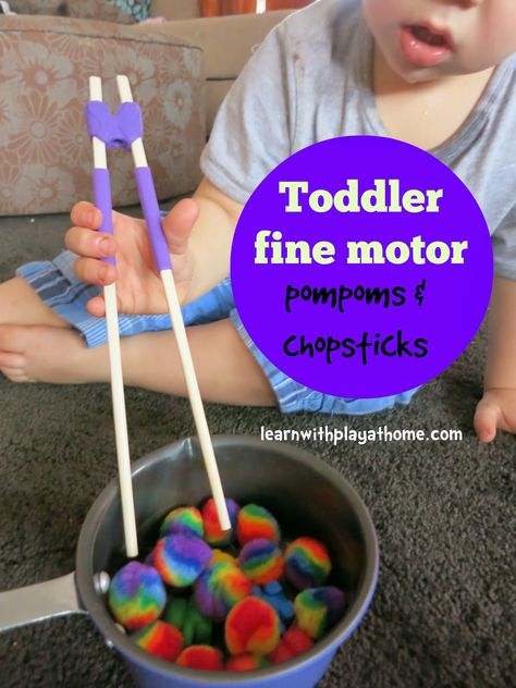 Toddler fine motor activity. Pompoms and chopsticks. With ideas to simplify or extend to meet your child's needs. Toddler Fine Motor, Toddler Fine Motor Activities, Fine Motor Activity, Preschool Fine Motor, Motor Skills Activities, Diy Toddler, Toddler Play, Montessori Toddler, Learning Ideas