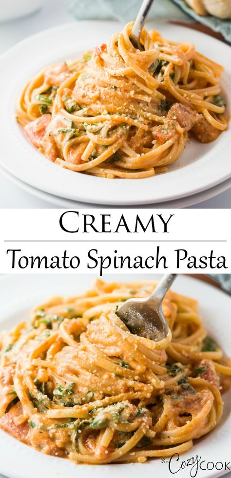 Creamy Baked Tomato And Spinach Pasta, Creamy Tomato And Spinach Pasta, Meatless Pasta Recipes For Dinner, Pasta Spinach Tomato, Spinach And Tomato Pasta, Tomato Spinach Pasta, Meatless Pasta Recipes, Easy Italian Dinner, Spinach Tomato Pasta