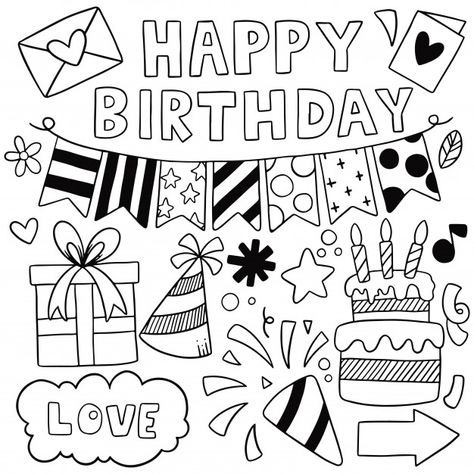 Hand drawn party doodle happy birthday P... | Premium Vector #Freepik #vector #background #flower #birthday #tree Cute Birthday Drawings Easy, Happy Birthday Doodle Art, Birthday Doodles Hand Drawn, Doodle Happy Birthday, Costume Awards, Birthday Doodles, Modele Zentangle, Happy Birthday Doodles, Birthday Drawings