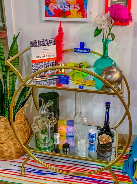 Bud Cart, Bong Decorating Ideas, Sesh Room, Dab Station, Maximalist Apartment, Modern Glam Living Room, Cluttered Bedroom, Girl Apartment Decor, Diy Bar Cart