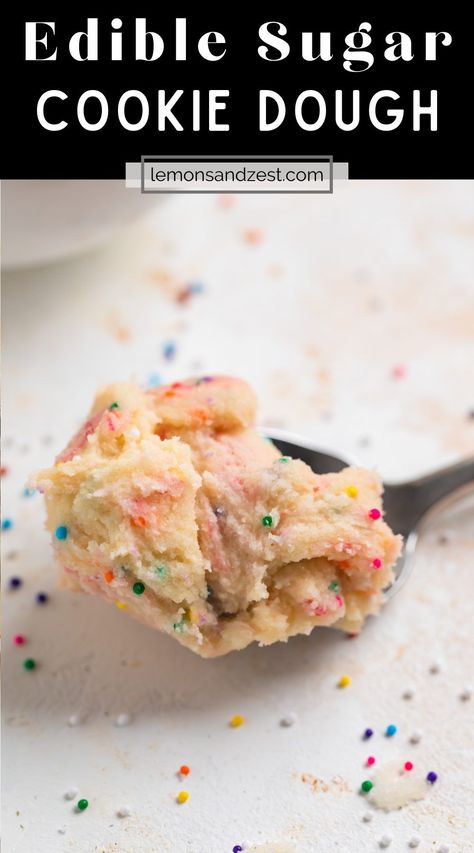 This Edible Sugar Cookie Dough recipe is an eggless cookie dough packed with rainbow sprinkle and your favorite sugar cookie flavor! Prepped in less than 10 minutes and cookie dough you can eat straight from the bowl--now that is a treat! Edible Sugar Cookie Dough Recipe, Edible Cookie Dough Bites, Edible Sugar Cookie Dough, Eggless Sugar Cookies, Sugar Cookie Dough Recipe, Eggless Cookie, Eggless Cookie Dough, Cookie Dough Ingredients, Edible Cookie Dough Recipe