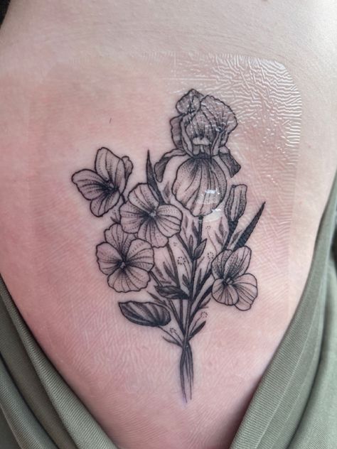 Birth Flowers Tattoo, Violet Flower Tattoos, Iris Flower Tattoo, Violet Tattoo, February Birth Flowers, Flower Wrist Tattoos, Birth Flower Tattoos, Artist Custom, Flowers Tattoo