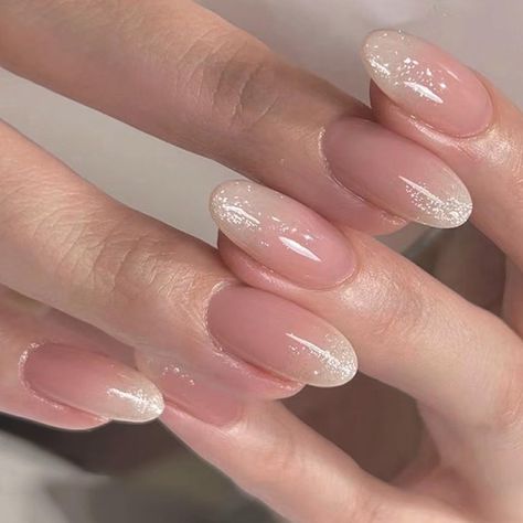 Dip Nails Birthday, Wedding Nail Extension Designs, Shimmer Tip Nails, Trendy Nail Extensions, Sparkly French Nails, Sparkly French Manicure, Nails Short Medium, Jelly Nail Art, Natural Color Nails