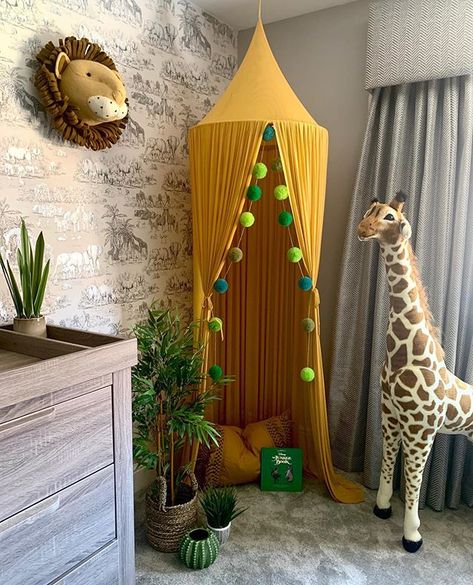 Spotted: Our Giant Plush Giraffe 🦒 in a cozy kid's room corner!   We love this decor by @our_oakland_home!   #nurserydecor #decorinspiration #kidsroomdecor #safaritheme #kidsroomdesign #nurseryinspo #nurseryideas #kidsroomideas #playroomideas Kids Safari Bedroom, Safari Bedroom Kids, Safari Playroom, Safari Room Decor, Jungle Bedroom Theme, Jungle Theme Rooms, Green Kids Rooms, Kids Jungle Room, Safari Bedroom