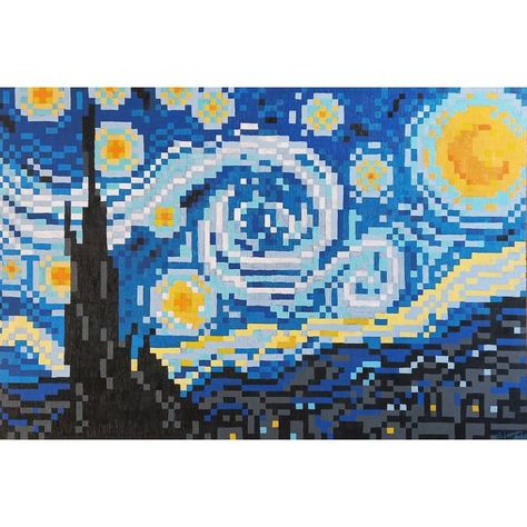 Starry Night Pixel Art Grid, Pixel Starry Night, Starry Night Pixel Art 32x32, Pixel Art Of Famous Paintings, Van Gogh Pixel Art, Starry Night Pixel Art, Crochet Starry Night, Starry Night Cross Stitch, Starry Night Crochet