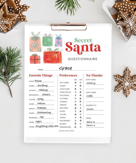 Make Secret Santa gift shopping a whole lot easier with this festive printable sheet! Easily print this 8.5x11 Secret Santa Questionnaire and have everyone fill one out!  Once filled out - collect the sheets - and have everyone select a new sheet at random to choose who their Secret Santa will be!  *Please note: This file is not editable * * * * * HOW IT WORKS * * * * *  1. Download the PDF 2. Print on standard paper (as many as you need) 3. Hand out to everyone attending 4. Collect and have everyone select a new sheet at random! * * * * * FILE INFORMATION* * * * *  - This measures 8.5x11 when printed. - Prints on standard 8.5x11 paper * * * * * RECOMMENDED PAPER * * * * *  90lb white matte cardstock* https://amzn.to/2yl8Yjm Thicker 110lb white matte card stock* https://amzn.to/2CKgzKl * *