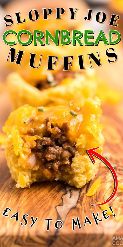 These bite sized Sloppy Joe Cornbread Muffins are great finger food. The perfect way to use up leftover sloppy joe, and awesome for football parties, as a New Years appetizer, or for parties. #sloppyjoe #appetizerrecipes #amandascookin Leftover Sloppy Joe, Cornbread Appetizer, Sloppy Joe Cornbread, Leftover Sloppy Joes, Muffin Cups Recipes, Cornbread Recipe Sweet, New Years Appetizers, Football Parties, Healthy Appetizer Recipes