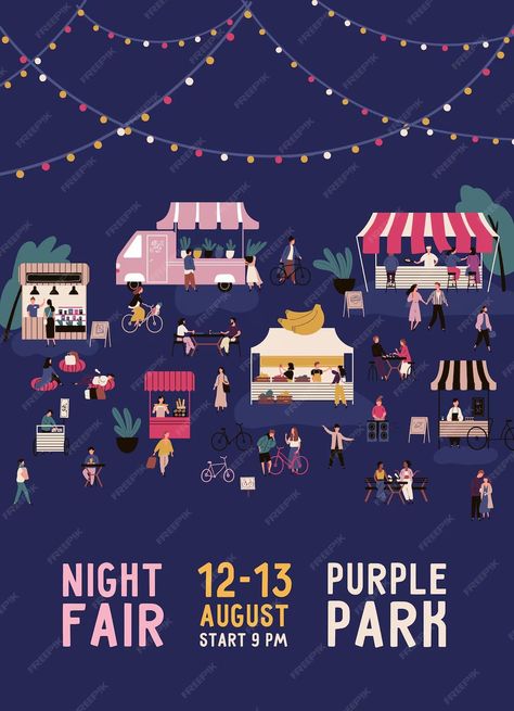 Premium Vector | Promo of night fair with place for text vector flat illustration. colorful people spending time at street market poster isolated on black. man woman and couples walk between kiosk or stalls. Night Market Illustration, Bazaar Poster, Fair Poster, Colorful People, Illustration Colorful, Market Poster, Couples Walking, Market Stalls, Street Market