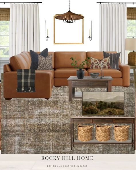 Elizabeth | Rocky Hill Home on Instagram: “Swipe to see the difference a rug can make! Personally, I'm always team vintage (the first pic) but I'm ready to root for faux vintage (the…” Cognac Couch Living Room Ideas Farmhouse, Leather Couch Mood Board, Tan Leather Sectional Living Room, Leather Couch Traditional Living Room, Brown Leather Sectional Decor Ideas, Tan Sectional Living Room, Brown Leather Sectional Living Room, Brown Leather Sofa Living Room Decor, Pottery Barn Living Rooms