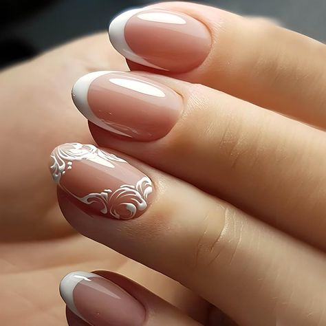 RTKHFZE French Tip Press on Nails Short Oval Fake Nails with White Flower Designs Press On False Nails Nude Pink Full Cover Acrylic Nails Press On Glossy Stick on Nails  Amazon Affiliate Pinterest Nail Ideas, Nails With White, Vegetable Plants, Nail Type, Color Nails, Rose Bonbon, Bride Nails, Nails For Women, Nail Forms