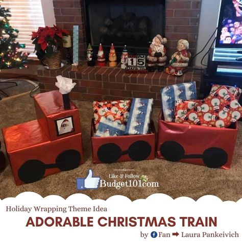 Train Present Wrapping, Christmas Gift Wrapping Train, Diy Christmas Present Train, Christmas Train Gift Boxes, Christmas Train Diy Cardboard Boxes, Christmas Gift Train, Christmas Present Train, Christmas Decorations Dinner Table, Grinchmas Ideas