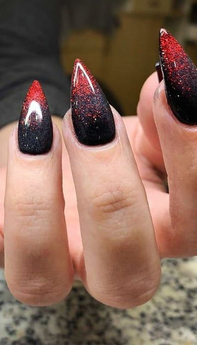 Black With Red Ombre Nails, Black And Red Ombre Halloween Nails, Black Glitter Ombre Nails Coffin, Goth Dip Powder Nails, Red Black Glitter Nails, Red And Black Ombre Nails Glitter, Red And Black Halloween Nail Designs, Black Red Glitter Nails, Black Sparkle Ombre Nails