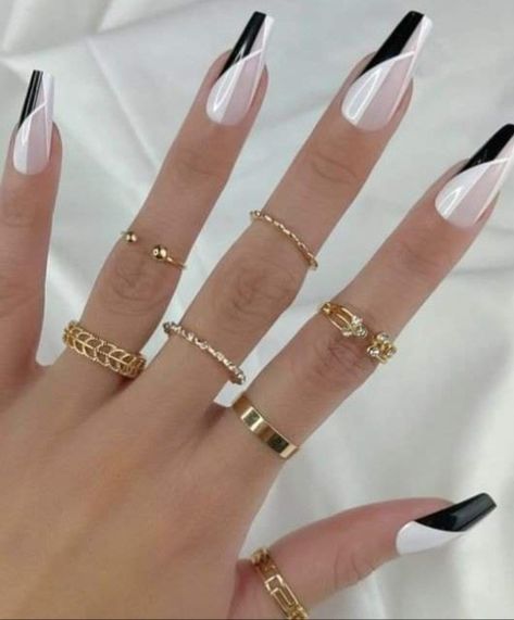 Black Gold And White Nails, Gold And White Nails, White Nails, Manicure, Nails, Gold, White, Black