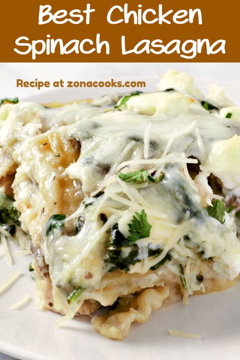 White Chicken Spinach Lasagna has layers of chicken, mushrooms, spinach, a creamy white sauce, lasagna noodles, and 3 types of cheese. This dish makes a great lunch, dinner, or impressive date night meal for 2. #chicken #lasagna #ChickenLasagna #ItalianFood #RecipesForTwo Chicken Spinach Mushroom Lasagna, White Chicken Spinach Lasagna, Chicken Mushroom Spinach Lasagna, Chicken Spinach Lasagna Recipe, Types Of Lasagna, Chicken And Spinach Lasagna, White Sauce Lasagna, Chicken Spinach Lasagna, Meal For 2