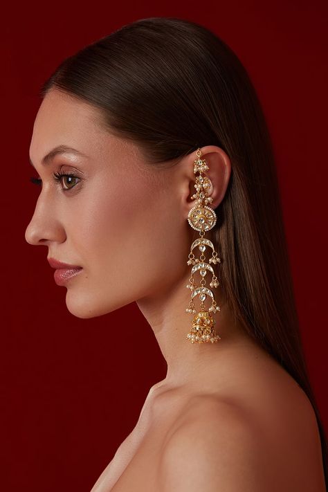 Shop these sparkling collection of Gold Plated Kundan Embellished Long Jhumka Earrings by Paisley Pop online at Aza Fashions. Jhumka Earrings Gold, Long Jhumka Earrings, Kundan Jhumka Earrings, Vintage Indian Jewelry, Luxury Jewelry Store, Western Wear Dresses, Hair Chains, Chandbali Earrings, Luxury Jewellery