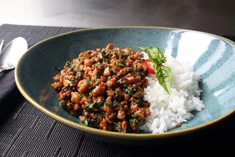 Spicy Thai Basil Chicken (Pad Krapow Gai) Recipe - Allrecipes.com Spicy Thai Basil Chicken, Pad Krapow, Thai Basil Chicken, Chicken Skillet Recipes, Spicy Thai, Food Wishes, Supper Ideas, Skillet Dinners, Basil Chicken