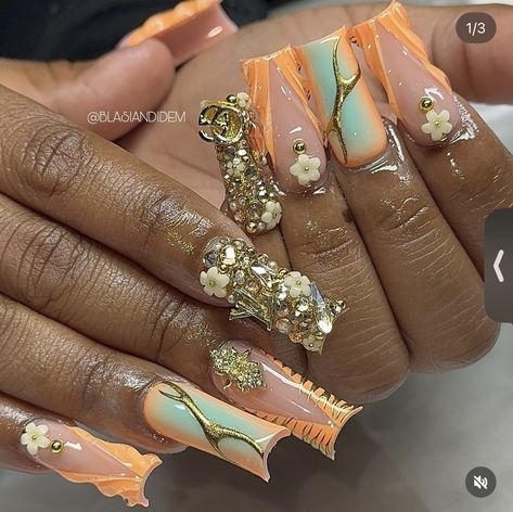 Orange And Silver Nails, Acrylic Nails Toes, Acrylic Nail Designs Coffin, Nails Toes, Concert Nails, Orange And Silver, Drip Nails, Dope Nail Designs, Short Square Acrylic Nails