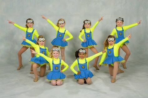 Minion Dance Recital costumes consist of a long sleeve spandex leotard with attached tutu and circle skirt overall.  All one piece.  Goggles are not part of the original costume.  They were an accessory added by the customer - but I think she ordered them on Etsy.  Custom sewn by Irishandmore.etsy.com Costume Minion, Minion Dance, Dance Recital Costumes, Girl Minion, Minion Costumes, Group Dance, Minion Birthday, Dance Recital, One Piece Outfit