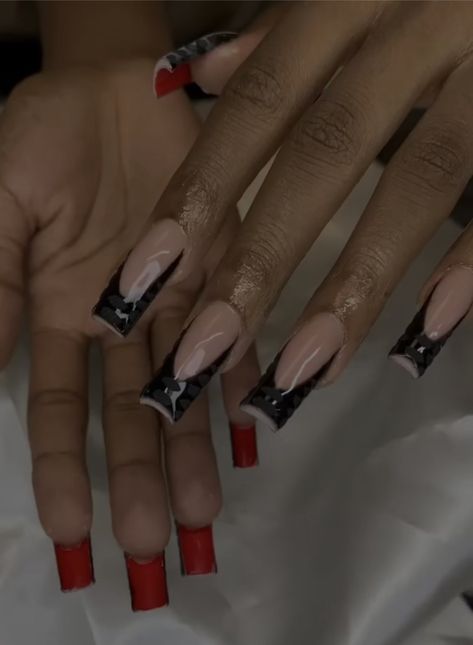 Black And Red Freestyle Nails, Black Frenchies With Red Bottoms Nails, Red And Black Duck Nails, Black French Tip Red Gems, Red N Black Nails, Black Red Bottom Nails, Black And Silver Duck Nails, Red Bottom Acrylic Nails, Red Bottom Nails