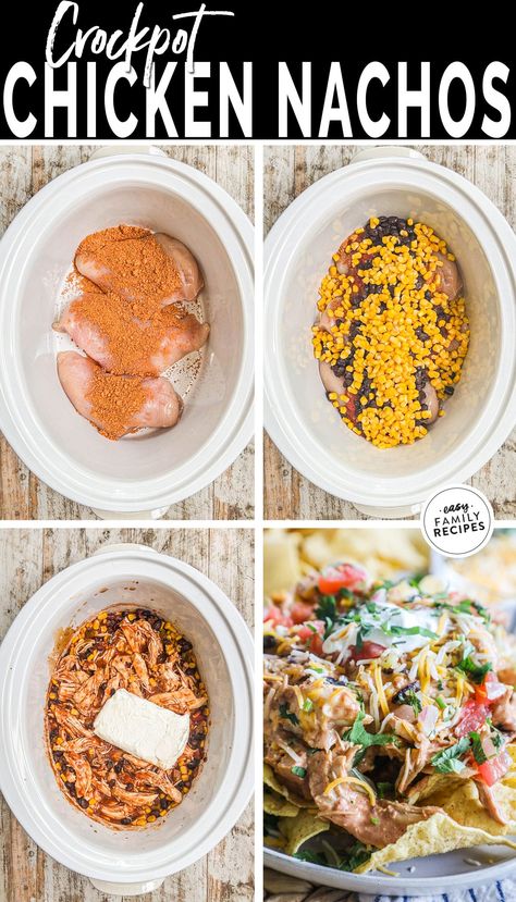 Crockpot Chicken Nachos Recipe, Dinner Shredded Chicken, Chicken Nachos Crockpot, Crockpot Chicken Nachos, Shredded Chicken Nachos, Creamy Crockpot Chicken, Shredded Chicken Crockpot, Black Beans And Corn, Chicken Nachos Recipe