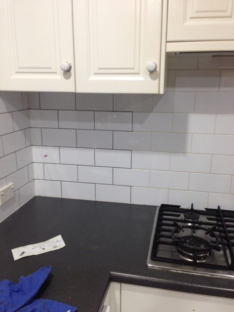 Best $10 I ever spent. Grey grout pen to update our kitchen tiles! Grout Pen Before And After, Tiles With Black Grout, Square Tile Bathroom, Kitchen Grout, Bathroom Grout, Grout Pen, Dreamy Kitchens, Black Grout, Grey Floor