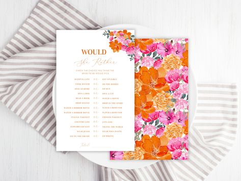 This is a self-editable digital template.  For a similar product in print, please check out this listing here https://www.zazzle.com/pink_orange_bridal_shower_would_she_rather_game-256526959584290403?dz=31ec9eb2-0d00-4c2d-a099-f9f35e69e5d5?rf=238275728251603562 *Please note there might be a slight difference in the font selection* Have fun at your bridal shower/bachelorette with this Editable Pink Orange Bridal Shower Would She Rather Game, featuring pretty pink and orange watercolor floral and editable text. A demo is available for you to try before purchasing and the full access link will be sent to you within minutes of purchase. No fonts need to be downloaded, and no software needs to be installed. **Try before you buy** A demo of the invitation template is available for you to preview Orange And Pink Bridal Shower Ideas, Pink And Orange Bridal Shower Decor, Would She Rather Game, Orange Invitation, Orange Games, Would She Rather, Bridal Shower Cupcakes, Game Diy, Orange Watercolor