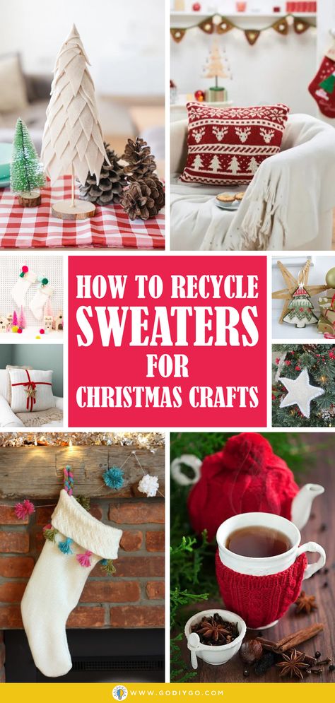 How to Recycle Sweaters for Christmas Crafts - GODIYGO.COM Crafts Made From Old Sweaters, Reuse Sweaters Upcycling Ideas, Christmas Crafts Using Old Sweaters, Recycled Sweater Crafts, Old Sweater Christmas Crafts, Christmas Stockings Made From Old Sweaters, Things To Make Out Of Old Sweaters, Uses For Old Sweaters, Sweater Stockings Christmas