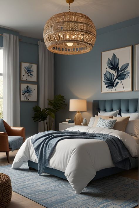 Relaxing Blue Bedroom Ideas, Blue Bedroom Walls Colour Schemes, Blue Accent Bedroom, Cozy Bedroom Blue, Blue Gray Bedroom, Blue Bedroom Walls, Blue Bedroom Decor, Relaxing Bedroom, Bedroom Retreat