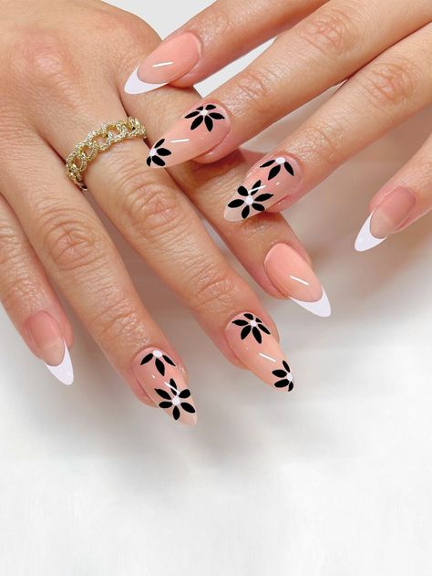 Long Almond, Graduation Nails, Nail Tape, Floral Nail Designs, Flower Nail Designs, French Tip Acrylic Nails, White Nail Designs, Winter Nail Art, Fake Nail