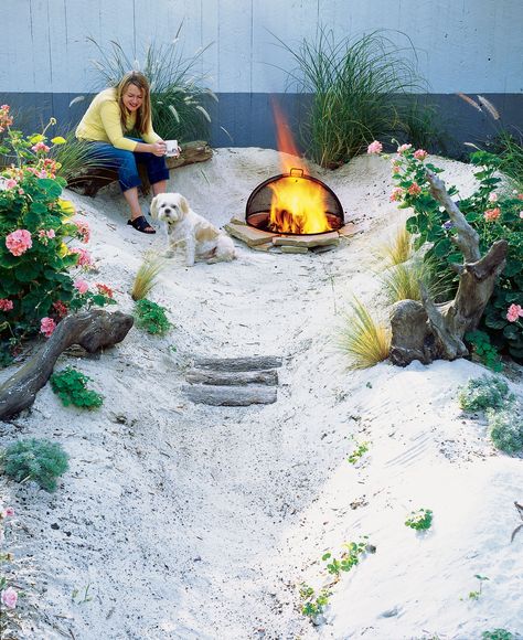 Sloped Backyard, Backyard Beach, Sloped Garden, Backyard Diy Projects, Budget Backyard, Backyard Projects, Small Backyard Design, Beach Scene, Firepit