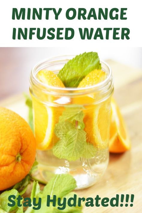 Add a real pop of color and flavor to your water with some Infused Minty Orange Water. This natural cleansing water will keep you hydrated throughout the day and give you a nice boost of Vitamin C along the way. Make up a pitcher before you go to bed at night and enjoy the fruit infusion the next day. Great for helping nausea if you are pregnant and for helping you to drink more water if you aren't a huge water fan. Fun spa water for your next party. No alcohol, vegan, vegetarian, low carb. Orange Infused Water, Spa Water Recipes, Vegetarian Low Carb, Natural Cleansing, Mint Water, Orange Water, Fruit Infused Water Bottle, Clean Eating Desserts, Infused Water Recipes